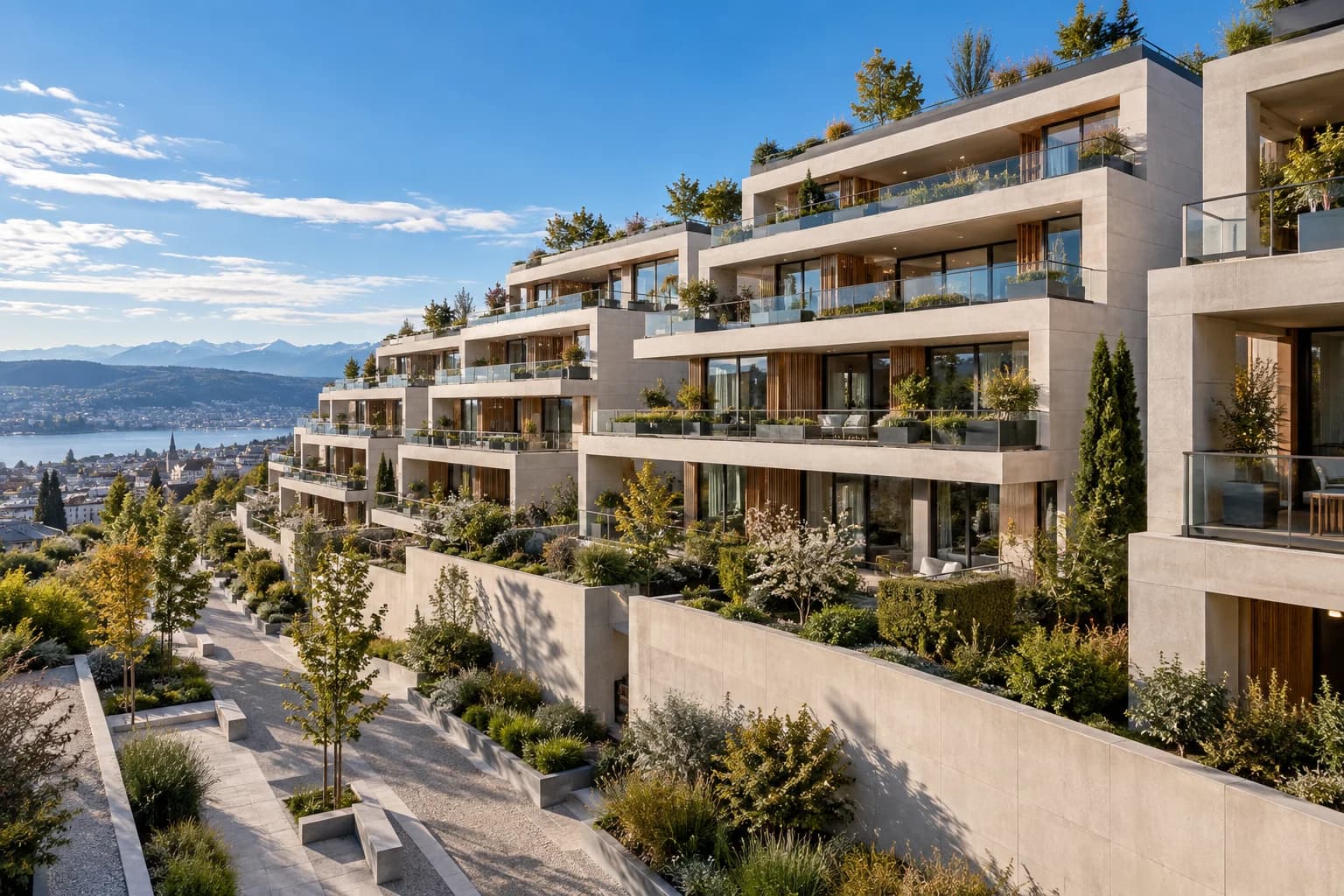 Spacious residential buildings with stepped terraces and planted outdoor areas under a blue sky