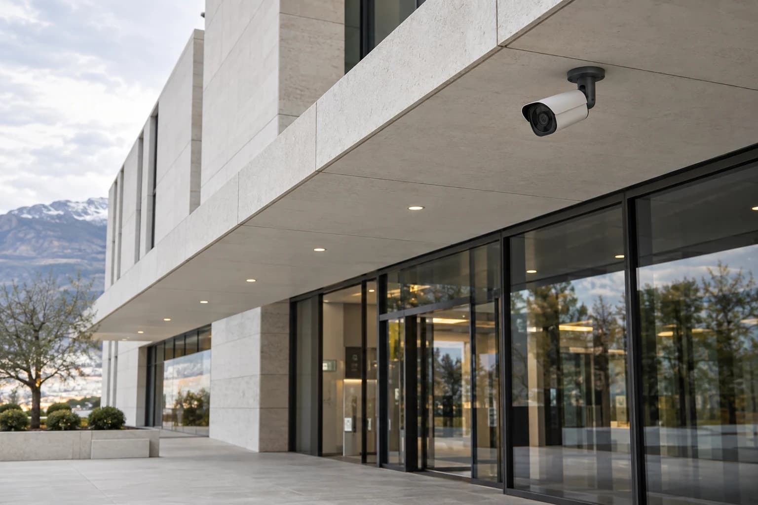 Discreet security camera under the canopy of a modern commercial building