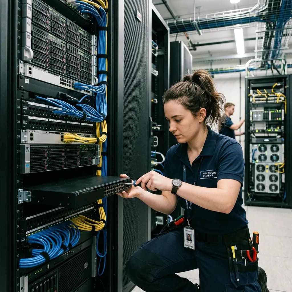 Female technician installing a network switch in a cabled server cabinet, with a colleague at another rack in the background
