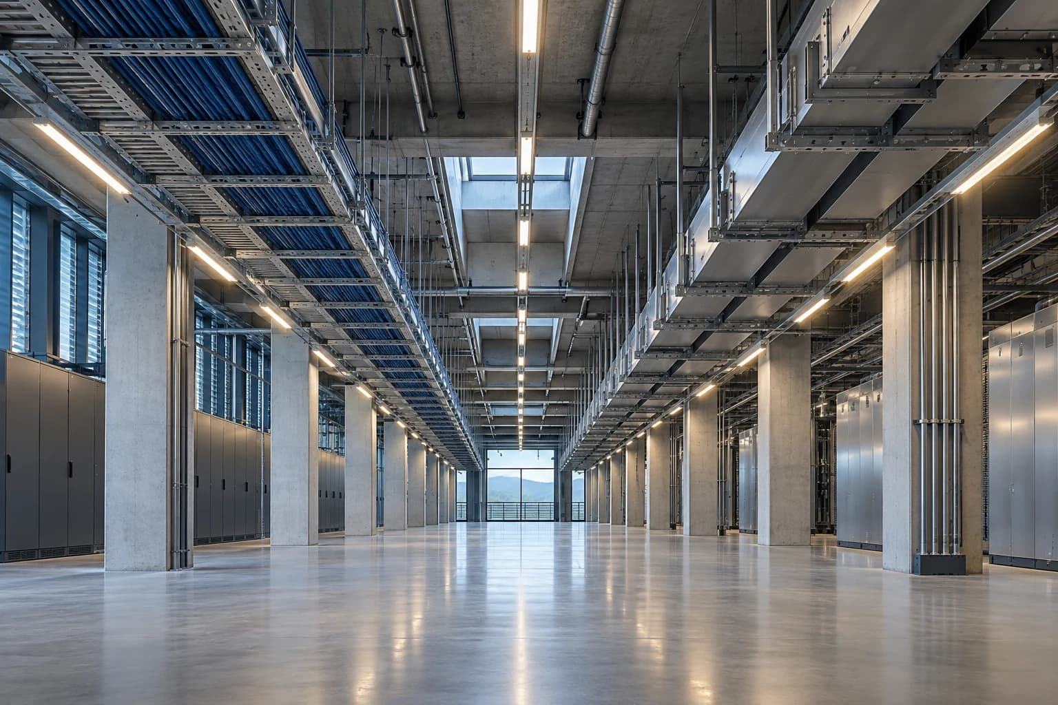 Percorsi separati per cavi e linee elettriche in un ampio corridoio tecnico