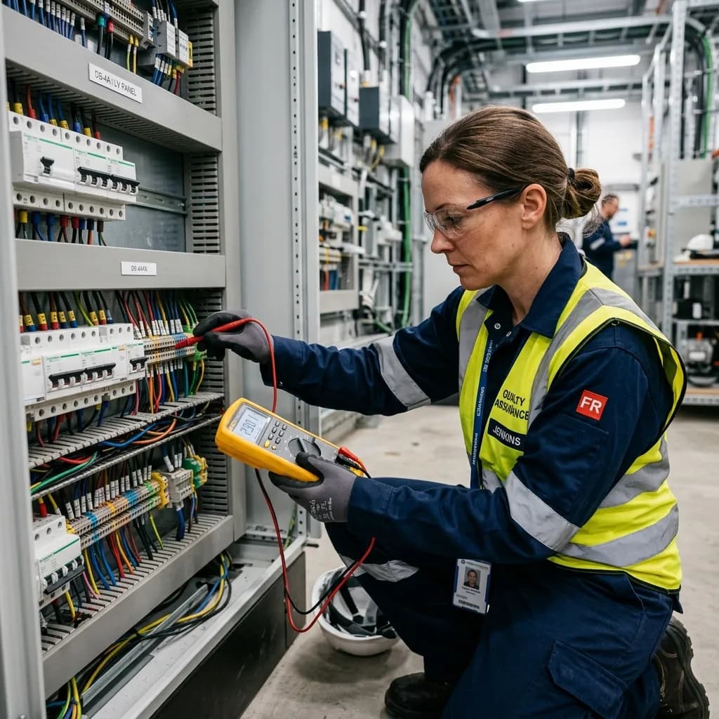 Female specialist in a high-visibility vest and safety glasses testing the terminals of an electrical distribution board with a multimeter