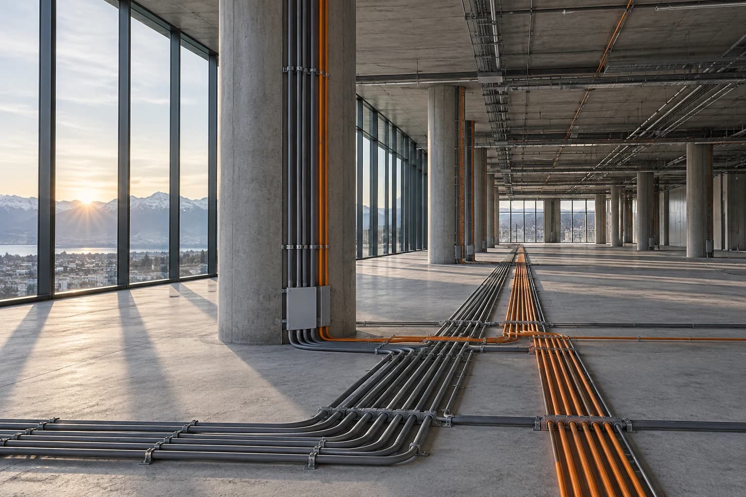 Neatly laid electrical installation in the structural shell of a large building