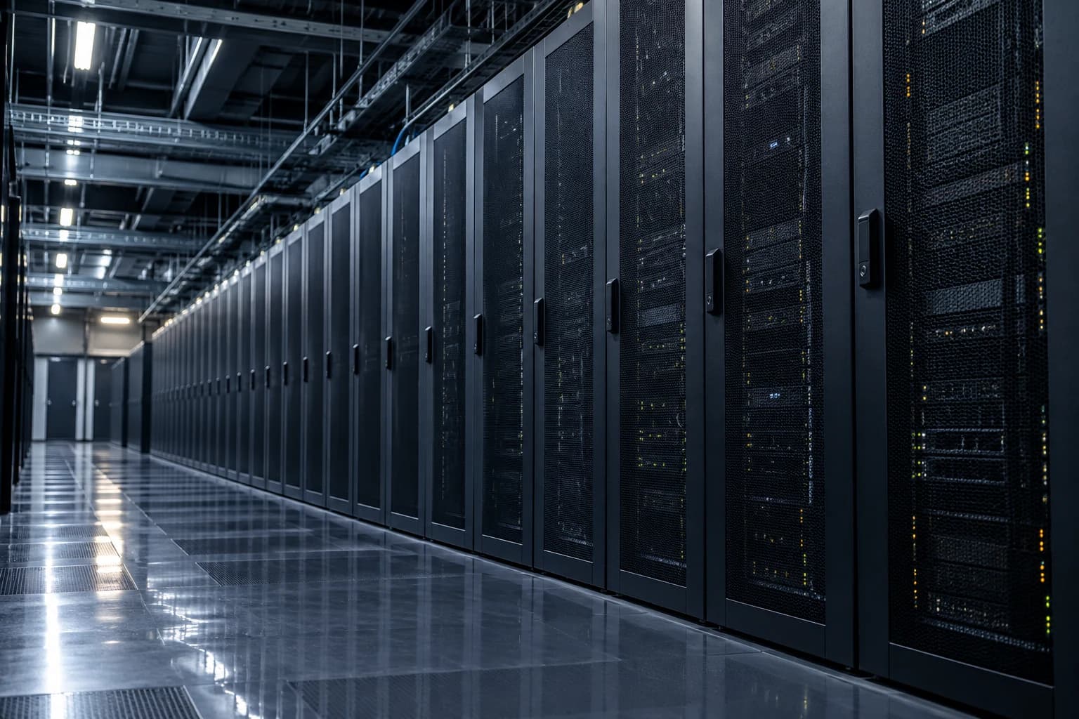 Row of closed server cabinets with finely perforated doors