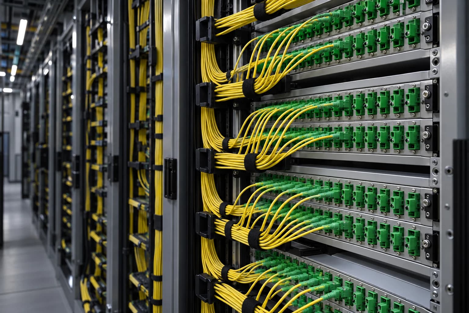 Green SC/APC adapters with yellow fibre patch cords in the distribution panel