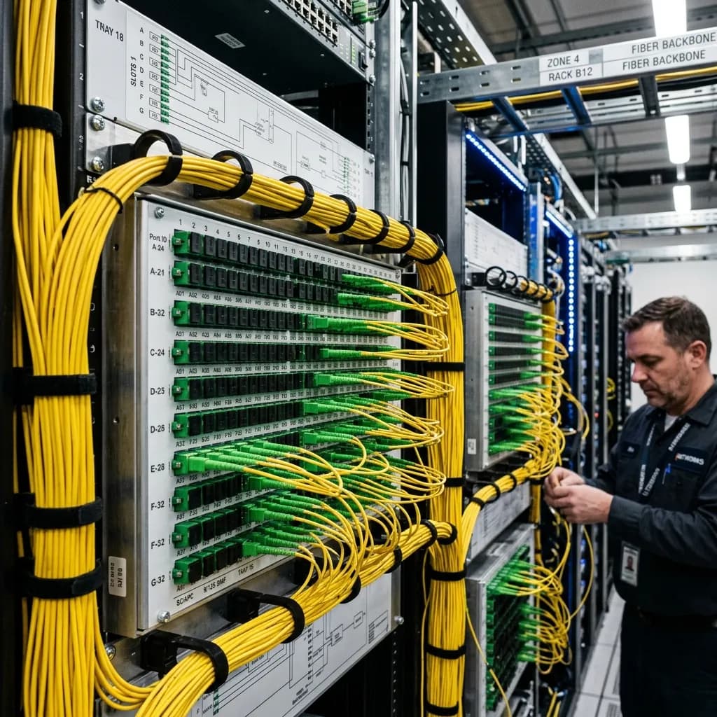 Technician at a fibre distribution frame with green adapters and bundled yellow patch cords