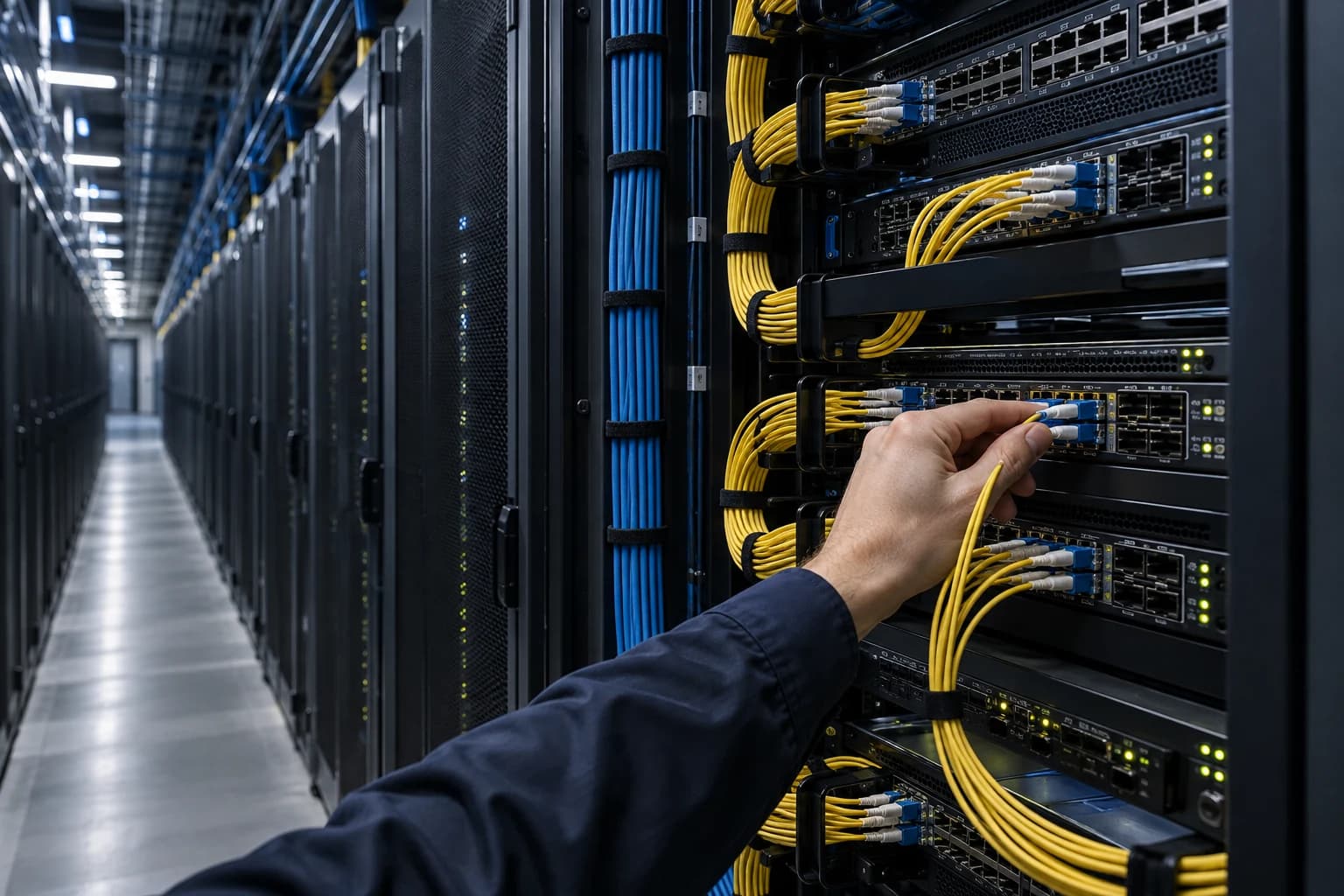 Technician’s hand connecting a fibre patch cord to a switch