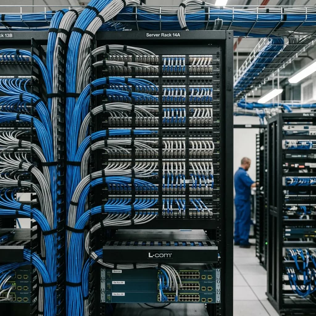 Network racks with bundled blue and grey patch cords, with a technician in the background