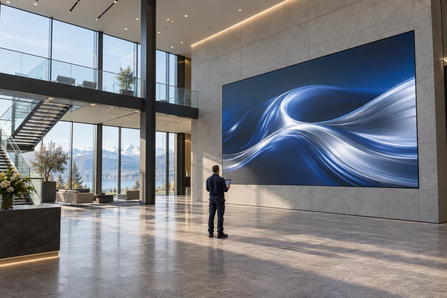 Specialist commissioning a large LED video wall in a reception area