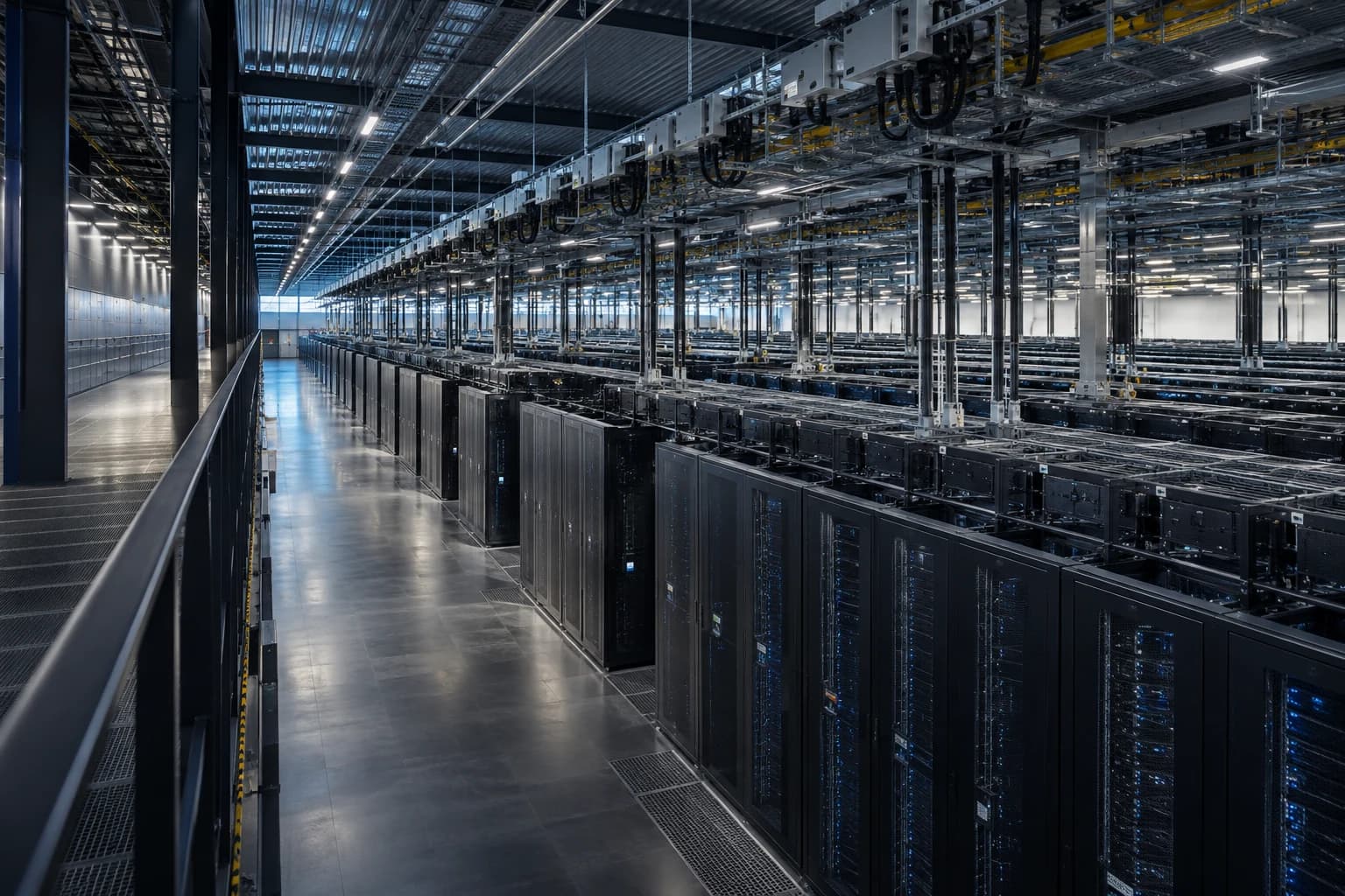 Server cabinets and neatly arranged cable trays in a bright data centre