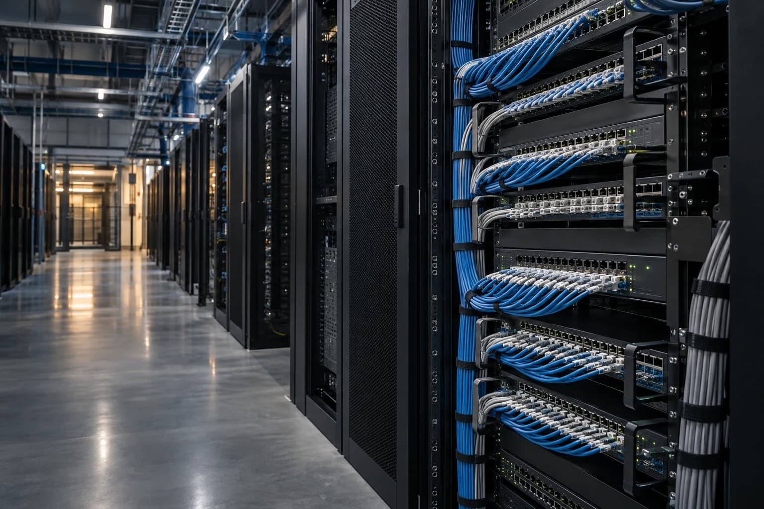 Blue and grey network cables on neatly installed patch panels