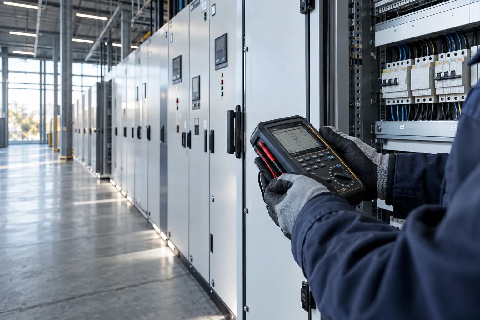Electrical inspection with an installation tester in front of a protected distribution board