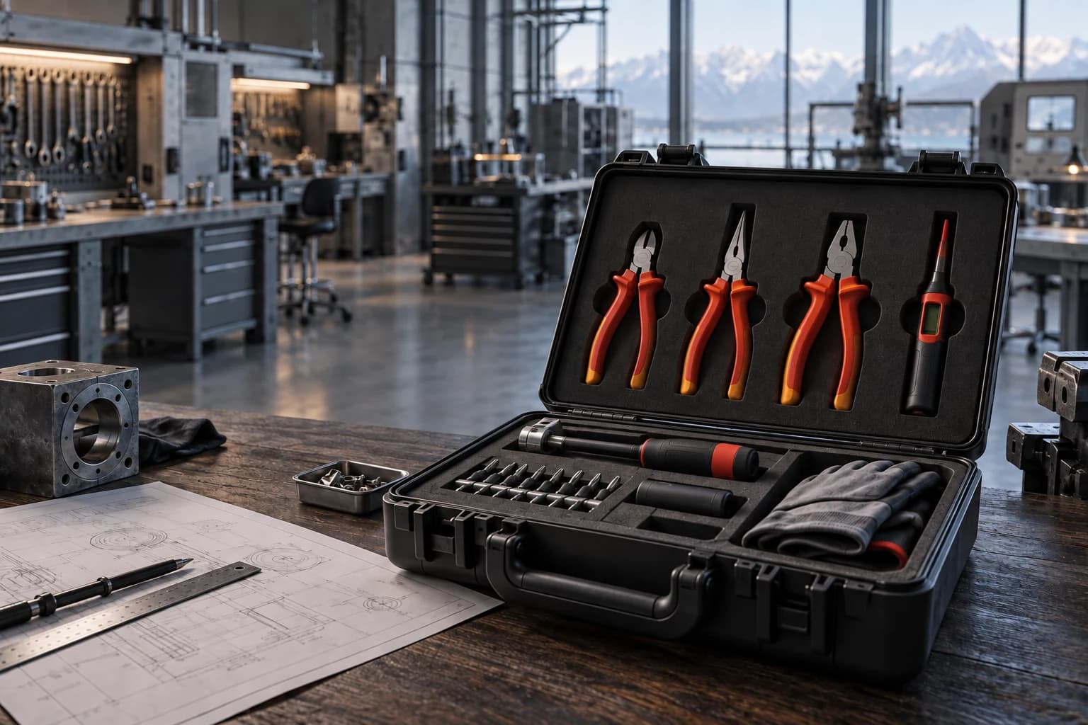 Professional electrician’s tools in a neatly organised installation case