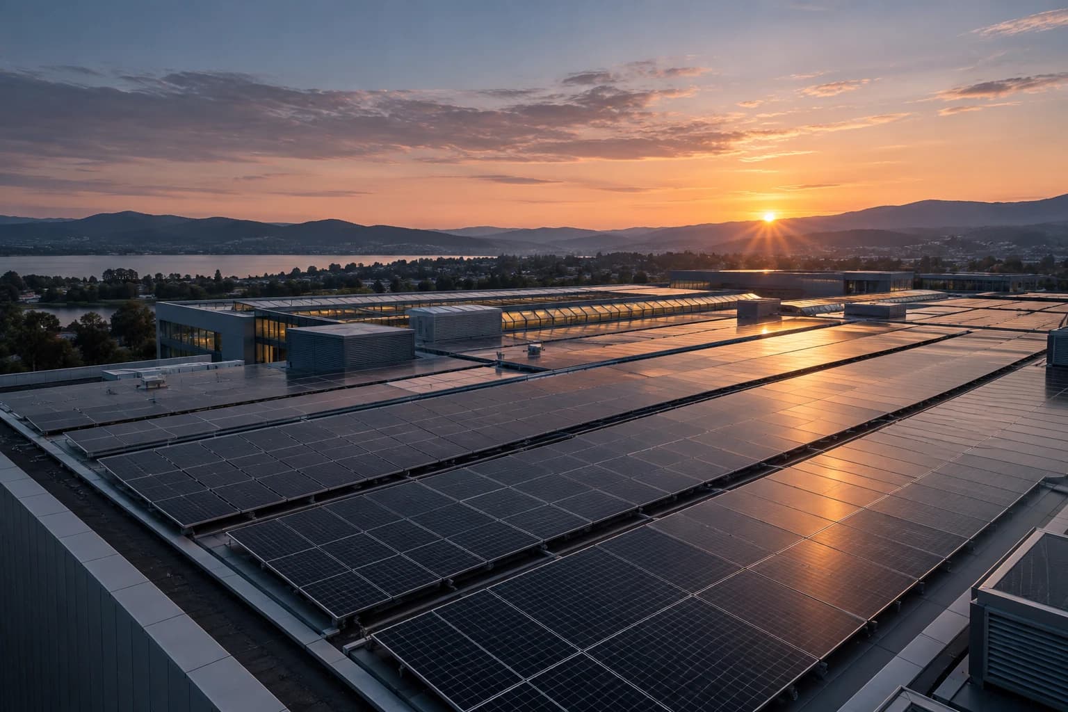 Large-scale solar PV on a commercial campus in the morning light