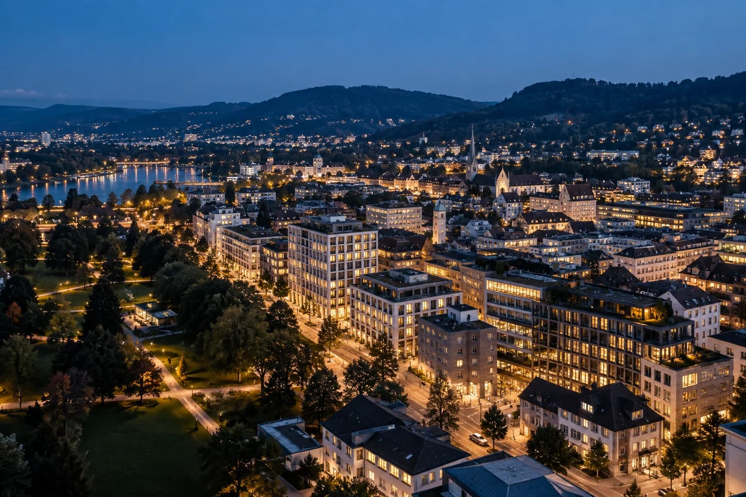 Swiss urban district with corporate and residential buildings at dusk